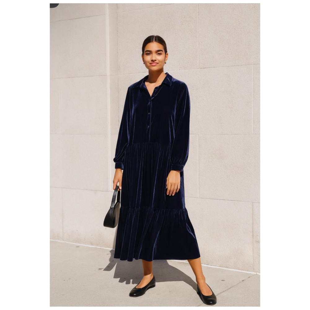 ZARA Navy Blue Ribbed Velvet Long Sleeve Button Front Midi Dress Small